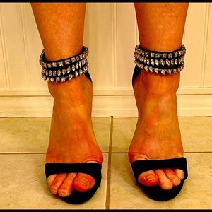 Betsy Johnson black pumps with rhinestone ankle straps